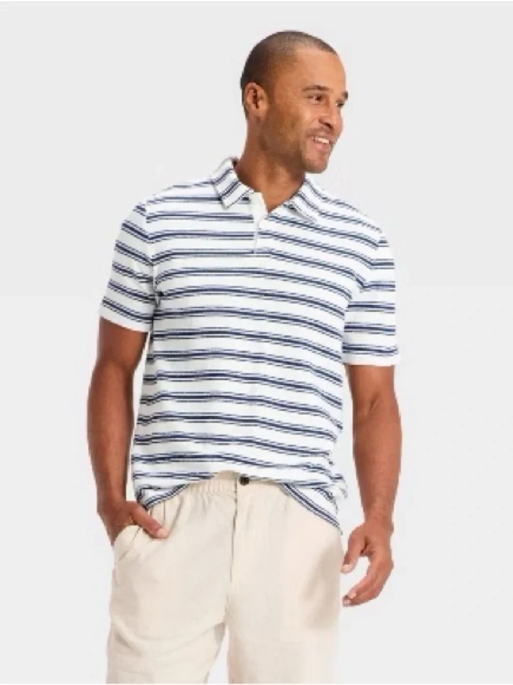 NWT Goodfellow Short-Sleeve 2-Button Terry Cloth Polo Shirt Blue Stripes XXL